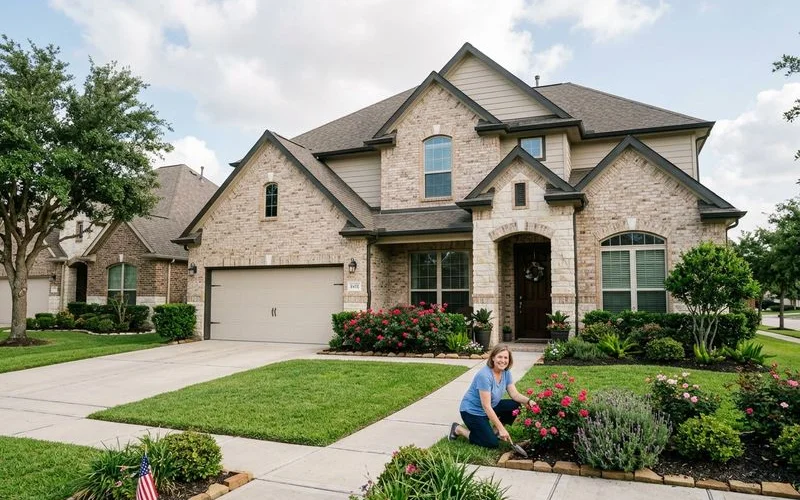 Beautiful clean Houston home exterior in manicured HOA community with pride of ownership