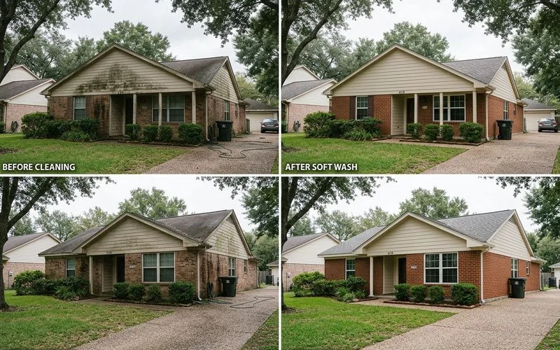 Before and after comparison of a Houston home exterior showing dramatic improvement after professional soft wash treatment