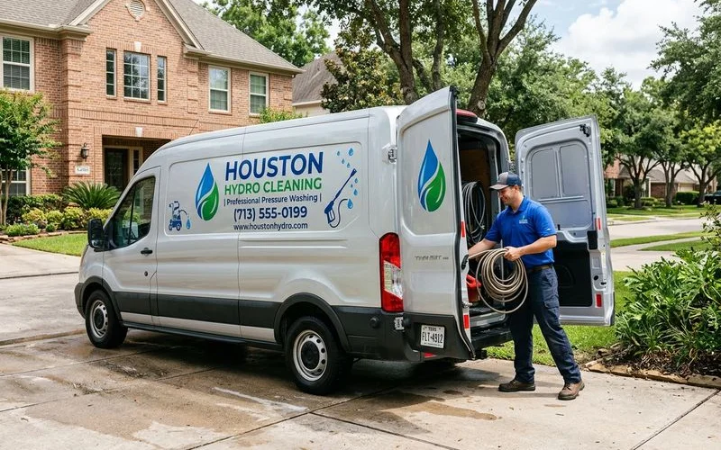 Clean commercial branded service van after professional fleet washing treatment