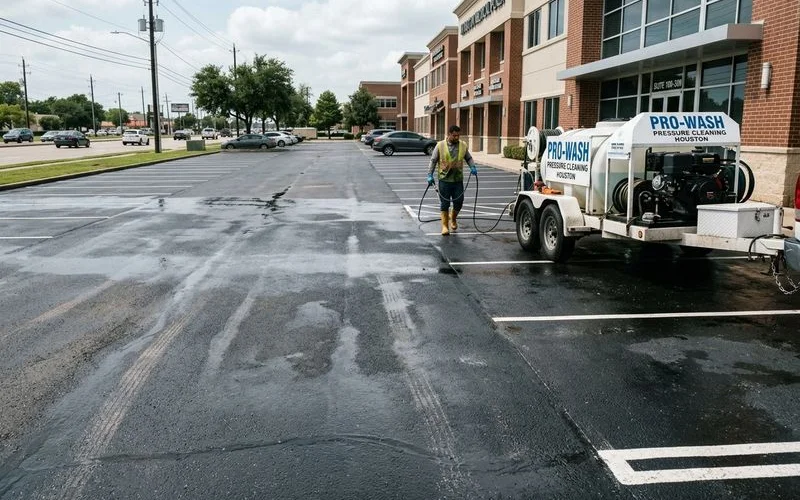 Clean commercial parking lot after professional hot water pressure washing service