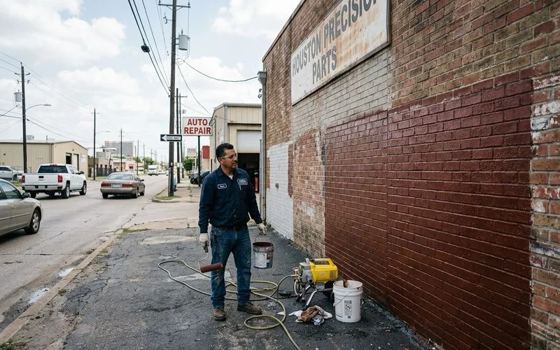 Clean commercial wall after graffiti removal with anti-graffiti protective coating applied