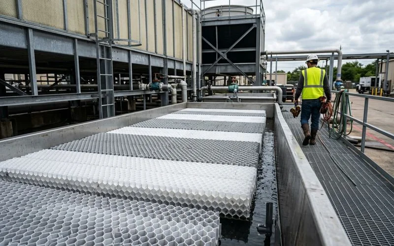 Clean cooling tower basin and fill media after professional maintenance and sanitization