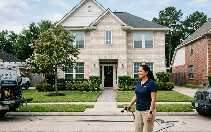 Clean Houston home exterior after professional soft wash treatment showing dramatic improvement