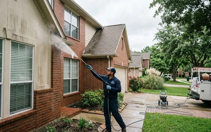 Clean Houston home exterior showing results of professional combined soft wash and pressure wash service