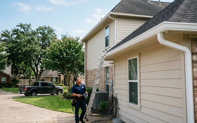 Clean white gutters after exterior washing and tiger stripe removal on Houston area home