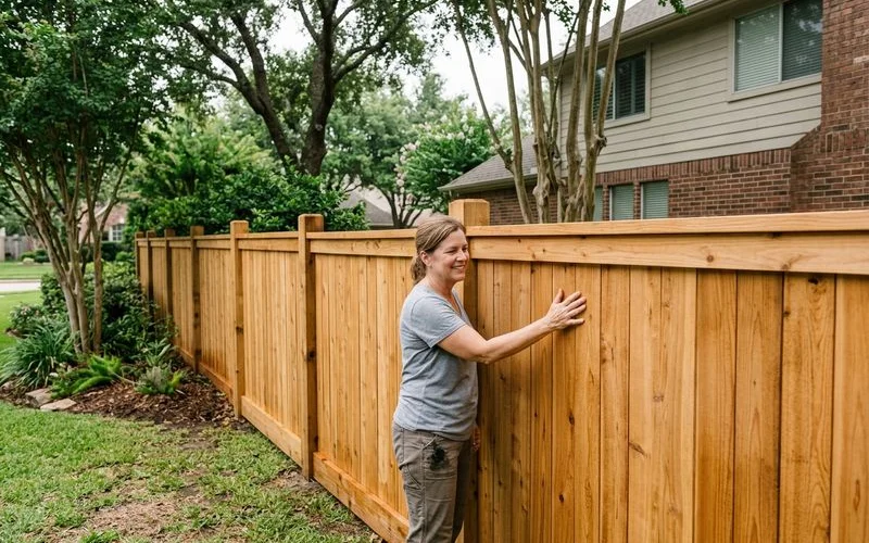 Clean wood fence after soft wash treatment with restored natural cedar color