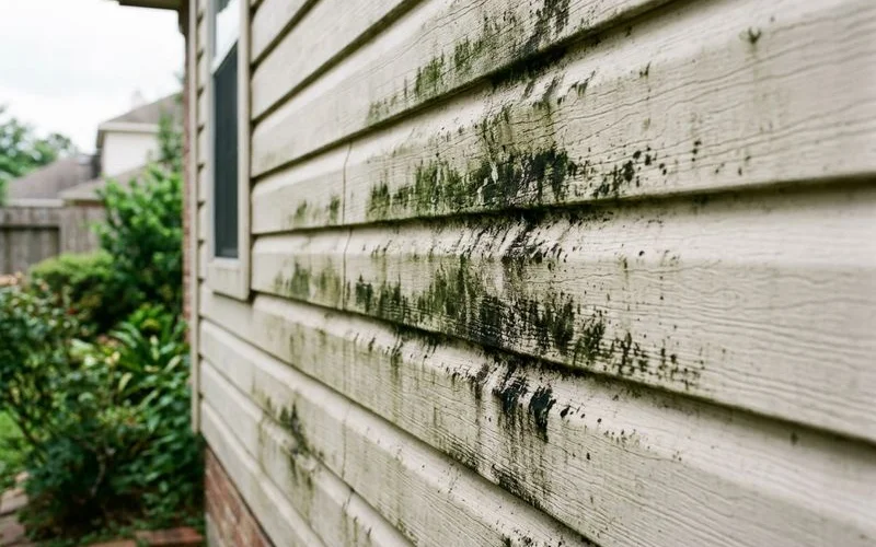 Close-up of green algae and black mold growth on vinyl siding showing need for professional cleaning