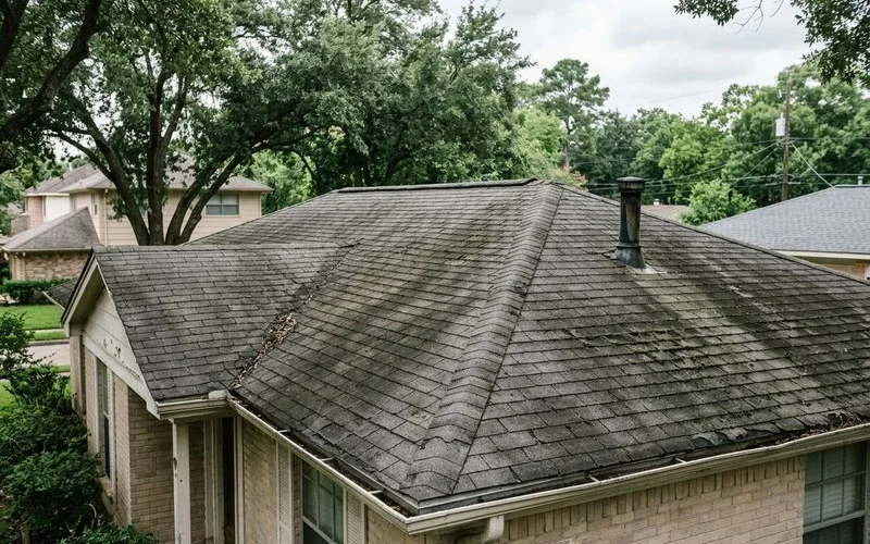 Houston residential roof showing impact of weather with visible algae growth and aging