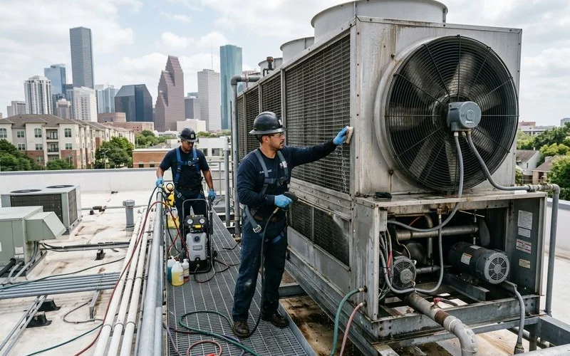 Industrial cooling tower cleaning crew performing maintenance on commercial HVAC system in Houston