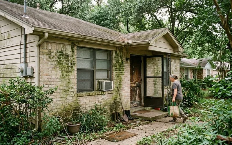 North-facing wall of Houston home showing heavy green algae and mold growth from humidity