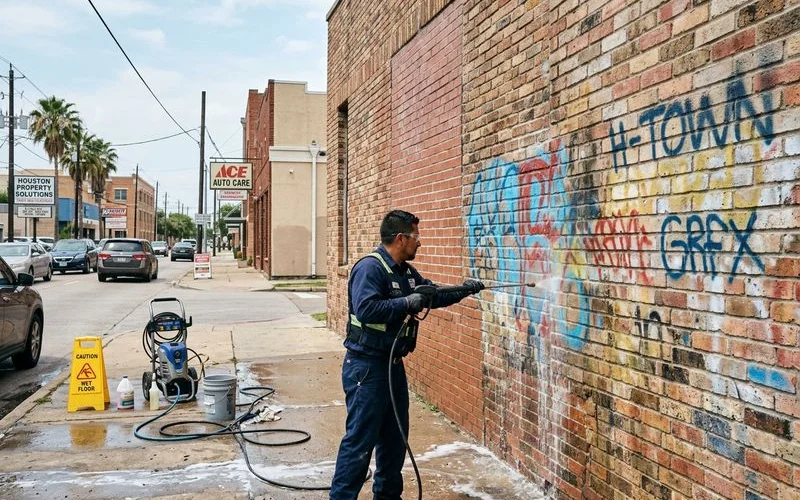 Professional graffiti removal in progress on commercial brick building wall in Houston