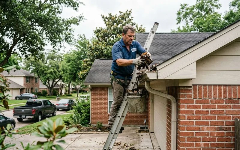 Professional gutter cleaning service removing leaves and debris from clogged residential gutters