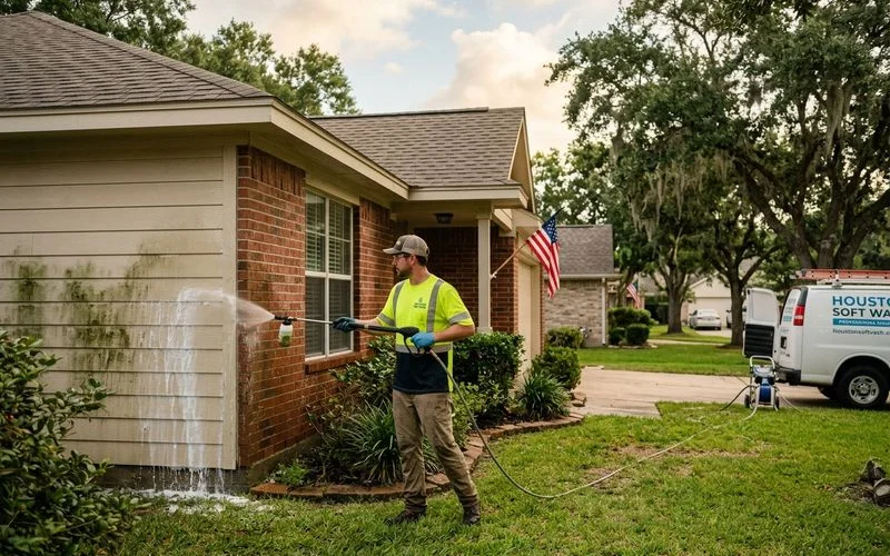 Professional soft wash house cleaning service removing mold and algae from residential exterior in Houston Texas