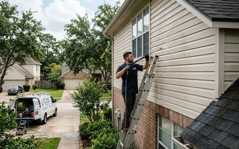 Professional soft washing a two-story Houston home with vinyl siding using low-pressure equipment