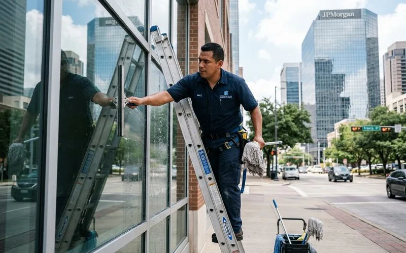 Professional window cleaning technician using squeegee for streak-free results on Houston home