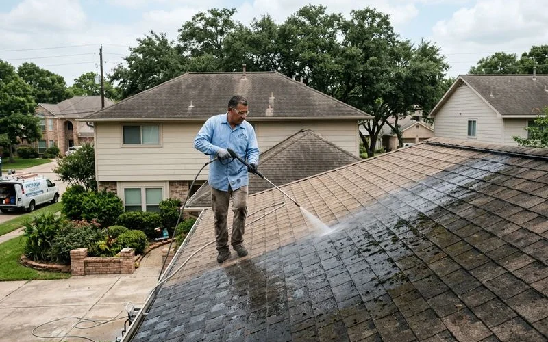Soft wash roof cleaning in progress removing dark algae streaks from asphalt shingles on Houston area home