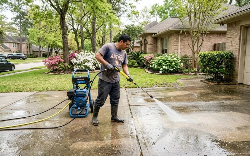Spring pressure washing service on Houston residential driveway with blooming azaleas nearby