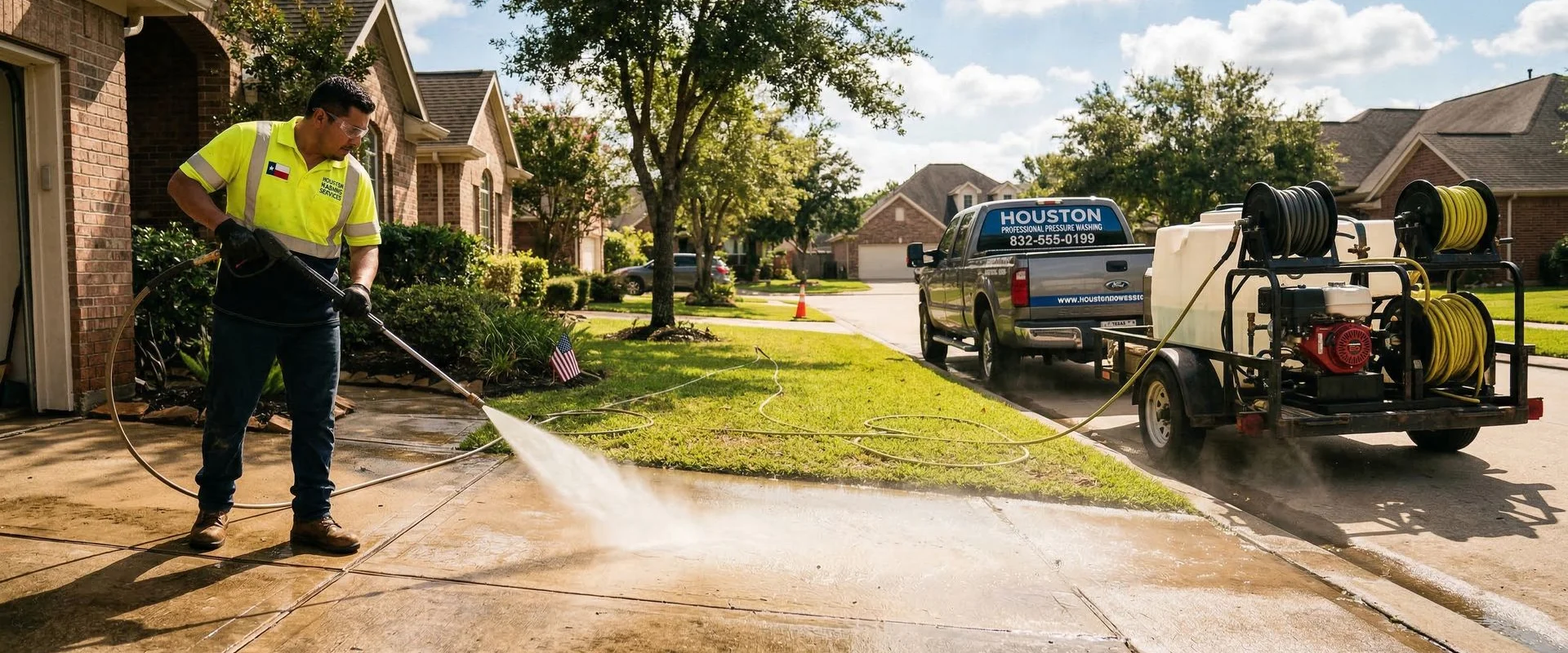 Professional power washing service team cleaning a Houston home exterior
